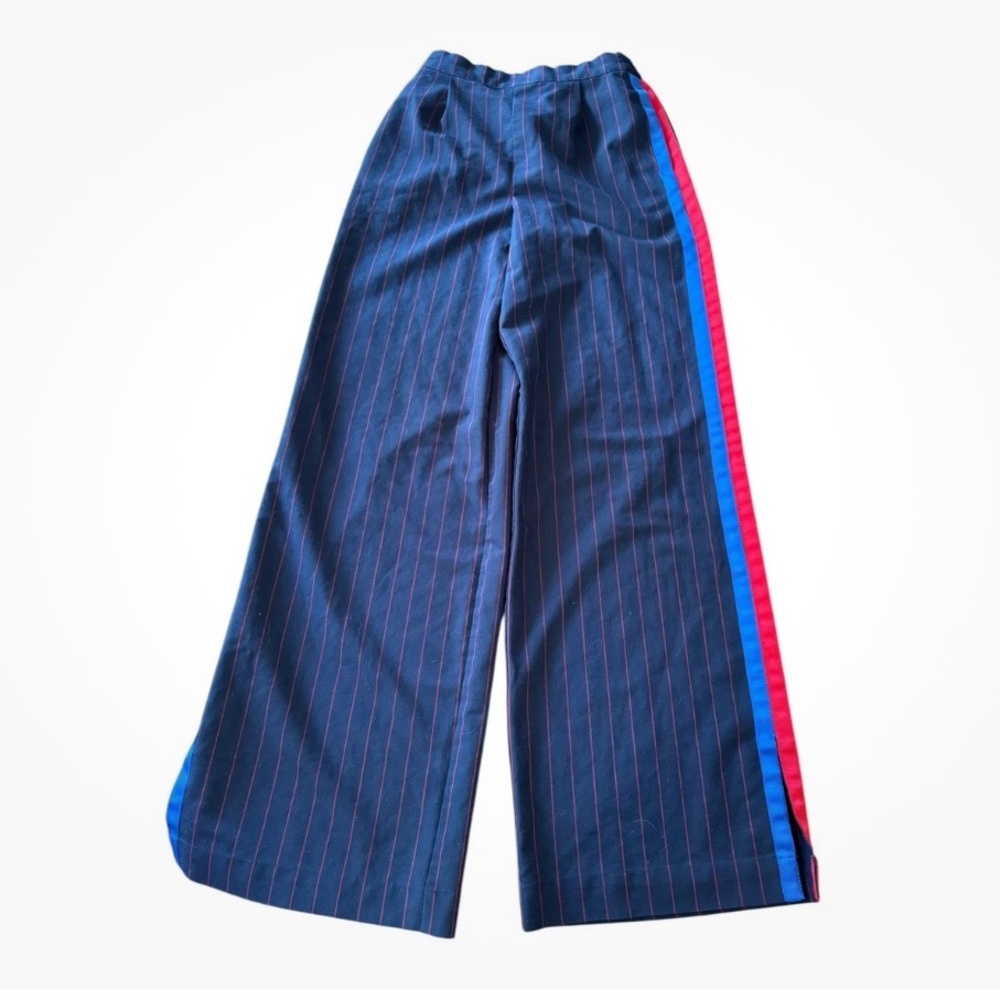 La Ligne Navy Pinstripe Wide Leg Pants with Red and Blue Stripes